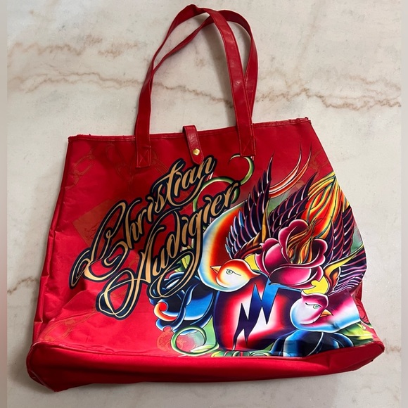 Christian Audigier Los Angeles Tote Shoulder Bag Red Spell Out Birds Graphic - Picture 1 of 8